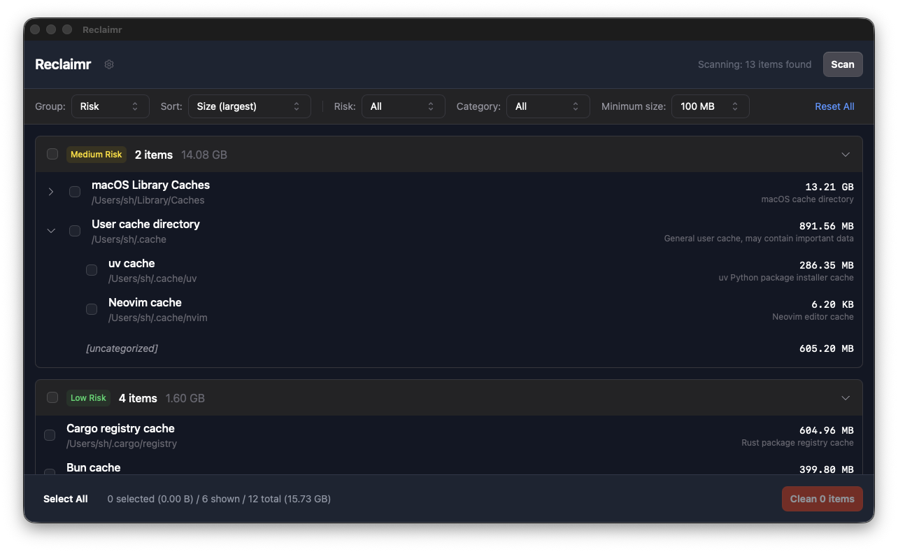 Reclaimr app showing cache scan results grouped by risk level