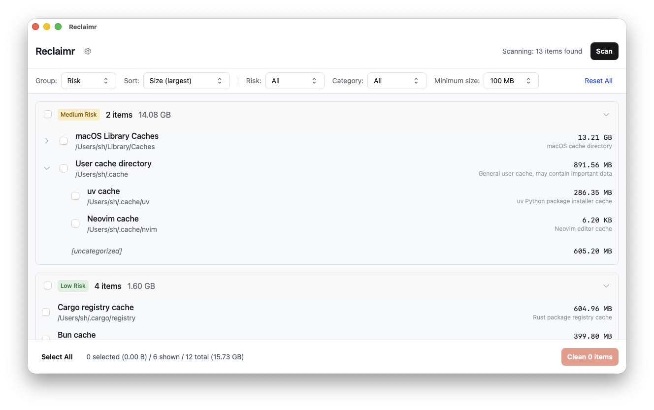 Reclaimr app showing cache scan results grouped by risk level